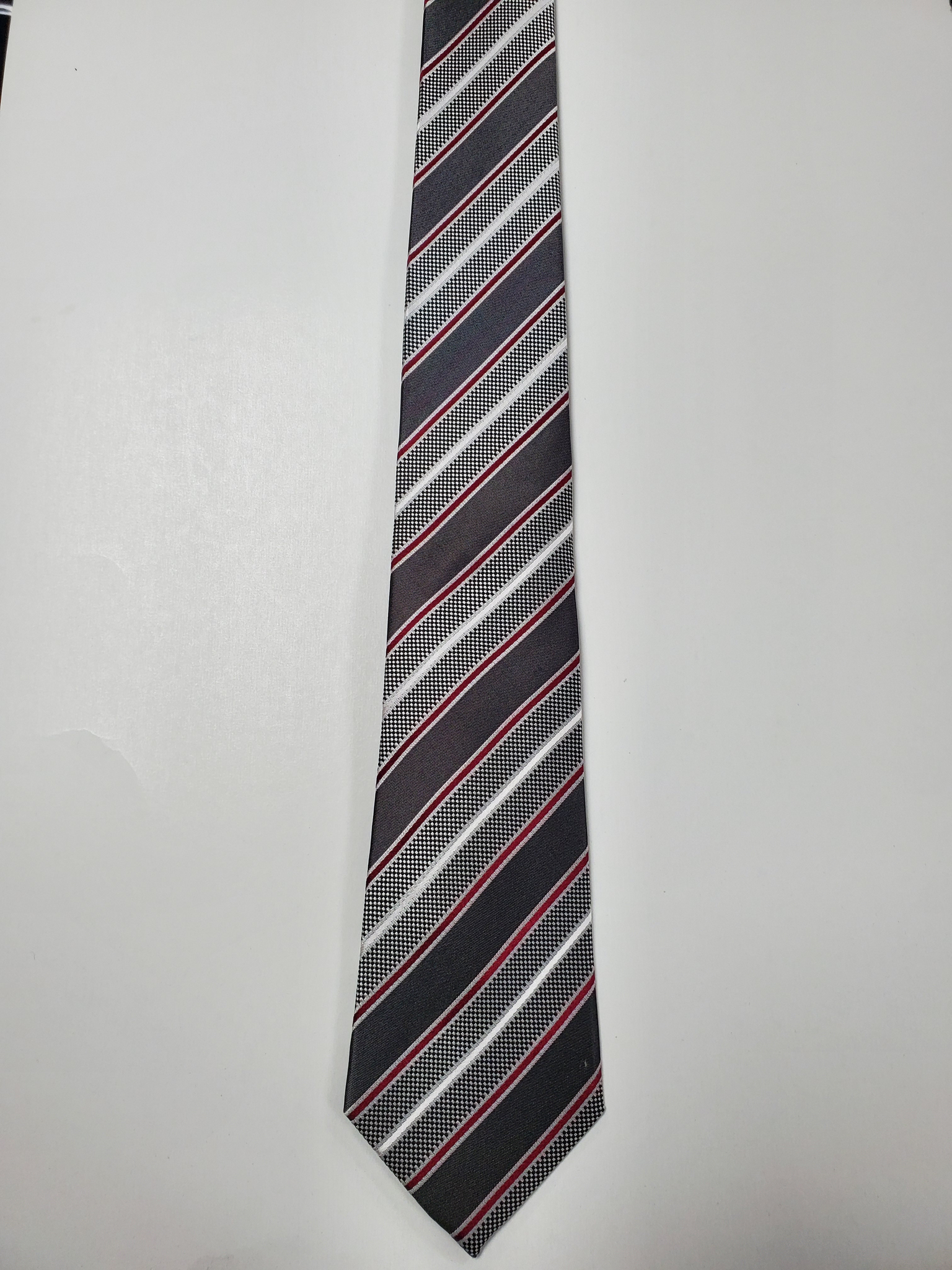 7-Fold Charcoal Grey with Red/White Stripe Silk Tie